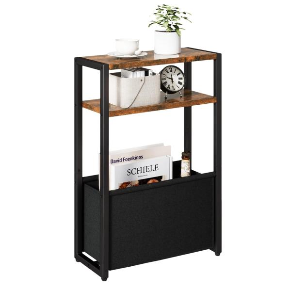 Color:ブラウン IBUYKE スリムサイドテーブル 布袋付き 収納棚付き 幅43×奥行18×高さ65cm 3段 ベッド横 マガジンラック 小型ラック 雑誌収納 小さなスペース用 ビンテージ 電話デスク リビングルーム 寝室 ブラウン ...