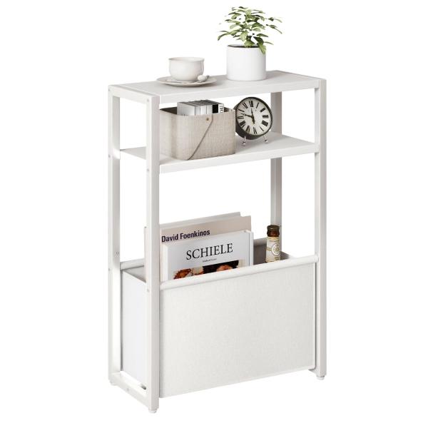 Color:ホワイト IBUYKE スリムサイドテーブル 布袋付き 収納棚付き 幅43×奥行18×高さ65cm 3段 ベッド横 マガジンラック 小型ラック 雑誌収納 小さなスペース用 ビンテージ 電話デスク リビングルーム 寝室 ホワイト ...