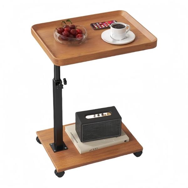 Color:ブラウン WoRefCra 昇降式 サイドテーブル キャスター付き 幅40×奥行30×高さ45-80cm ベッドサイド テーブル 木目調 C字型 簡易テーブル 小型 省スペース 移動便利 茶色ソファと一体化する「コ」の字構造：低...