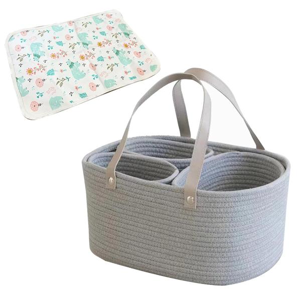 Color:グレー Ｈ∞ＨｅａｌｔｈｙＬｉｆｅ オムツストッカー ロープ編み 敷きマット付き ベビーキャリー ベビー バスケット ゆりかご オムツ入れ 旅行 (グレー)【大容量＆持ち運び便利】４点セット オムツストッカー ベビー おむつ収納...