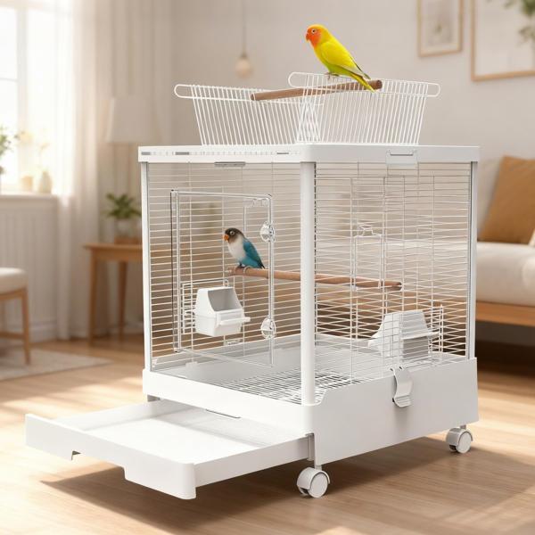 Size:単層-46x46x59cm [MCHNHUA] 透明な前扉の鳥かご 大型 キャスター付きでお掃除楽々 インテリア バードケージ 白 おしゃれ セキセイインコ 文鳥 複数飼いに (単層-46x46x59cm)【1台2役、変幻自在のバ...