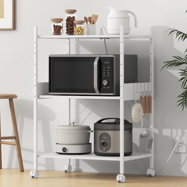 Color:ホワイト_Size:60 MoonMeguriキッチンベイカーラック 幅60奥行44高さ92cm S字フック・キャスター・コンセント付き 5色展開 エポキシ塗装パイプとメラミン化粧合板 キッチン収納 スライド棚あり 高さ調節可能...