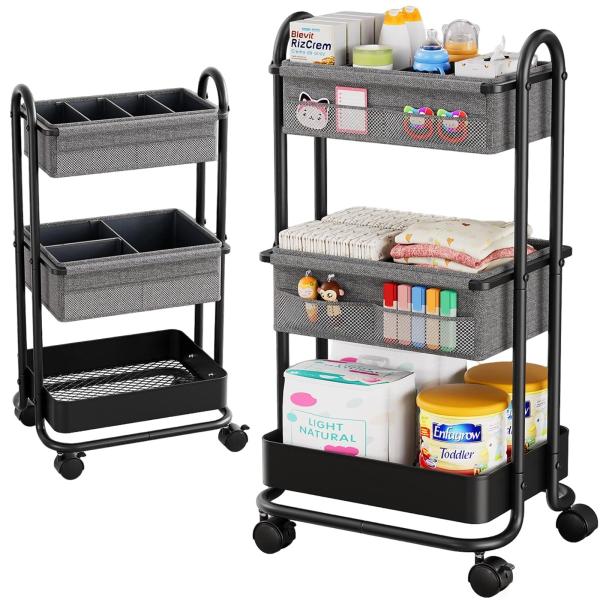 Color:ブラック Lokulula おむつストッカー ベビー用品 3段 キャスター付き 赤ちゃん用品 新生児おむつバッグ 出産準備 整理整頓 取り外し可能な仕切り付き 移動便利 多機能 ベビーベッド用 大容量 出産祝い【Lokulula...