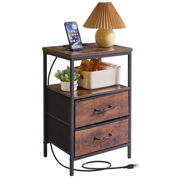 Color:復古色 Aibiju サイドテーブル ベッドサイドテーブル コンセント＆USBポート付き ベッド横棚 寝室棚 布製引き出し 幅40奥行き30高さ58cm サイドチェスト 収納付き ビンテージ YD-TM062H充電機能付きサイド...