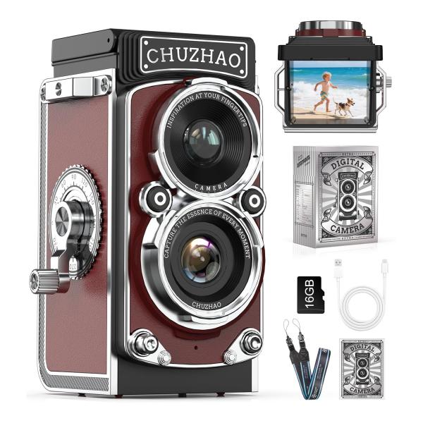 Color:レッド CHUZHAO ミニレトロカメラ: 1080Pミニレトロデジタルトイカメラ1.54インチ画面 軽量 携帯 デジタル TLR 12MPオートフォーカス 二眼レフカメラ 16GB SDカード付き Type-C充電 初心者 子...