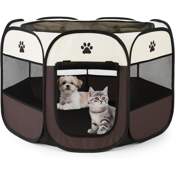 Color:ブラウン MuGaoDee ペットサークル 折畳み 犬 サークル 室内 73*73*47cm 猫 サークル 大型 八角形 犬 ゲージ 猫 ドッグハウス ペットサークル 屋根付き アウトドア 防災 猫 犬 ケージ 犬 サークル 折...