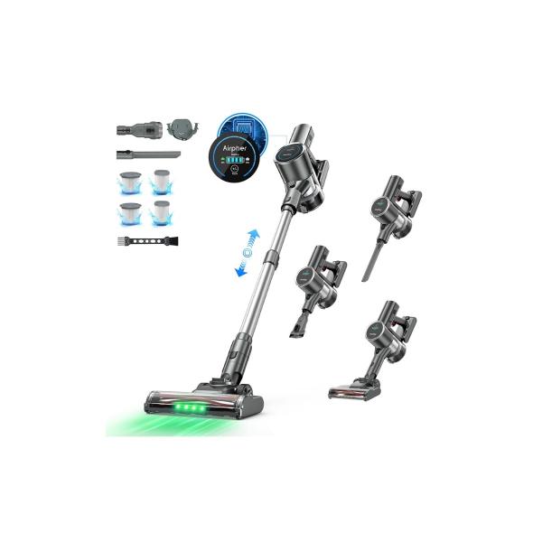 Color:グレー 掃除機 コードレス 【75000Pa真の超強力吸引！・ADS（AI Dust Sensor）・自立式】Airpher コードレス掃除機 強力 60分連続運転 着脱式バッテリー LED液晶ディスプレイ 軽量 自走式 低騒音...
