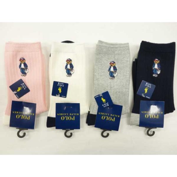ポロラルフローレン　お買い上げ2800円以上送料無料　レディース　ソックス　クルー　リブ　ベア刺繍　23〜25cm　クリックポスト発送