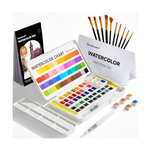 Shuttle Art 固形水彩 48色セット 固体絵の具 ハーフパン ペイントブラシ10本 水筆ペン パレット付き 透明 半乾き 溶けやすい