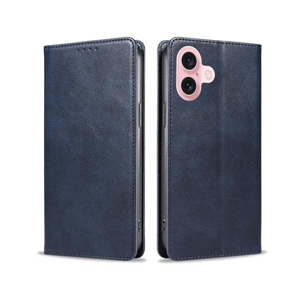 PINLISHENG iPhone 16 ケース 手帳型 カードポケット付き スタンド機能 スマホケース(ネイビー)