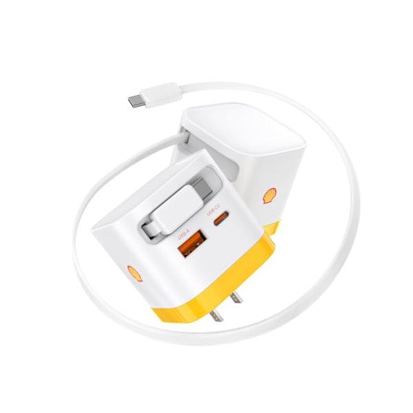 Shell 65W 充電器 Type-C 3ポート巻き取り式ケーブル内蔵折畳式プラグ | PSE認定