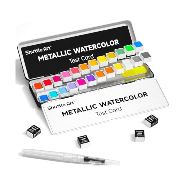 Shuttle Art 固形水彩絵の具 メタリック 24色セット 固体水彩 ハーフパン 鮮やか 金属色 パレート 水筆ペン 画用紙付き 透明 パ