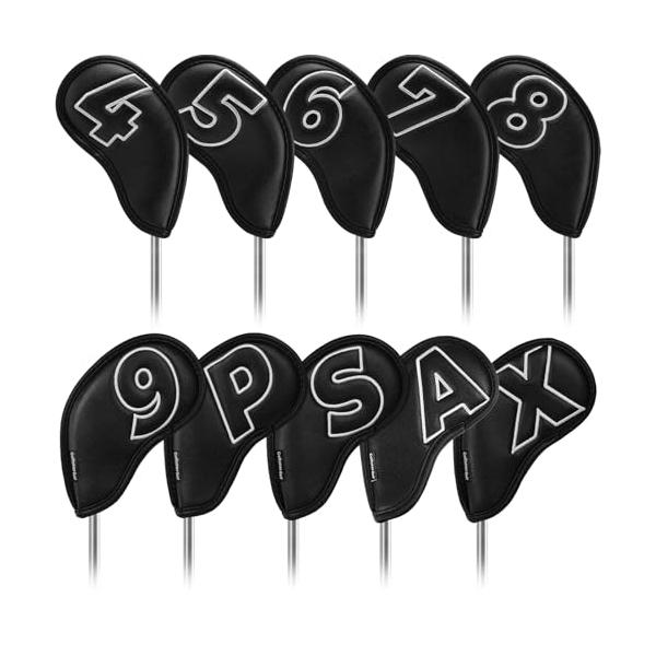 ゴルフアイアンカバー マグネット ウェッジカバー クラブヘッドカバー セット 10pcs(4-9PASX) 両面銀色番号 黒い合成皮革