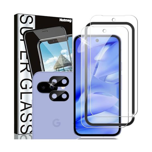 Nutmegガイド枠付き 2＋2枚Google Pixel 9a 用の ガラスフィルム 2枚 + Google Pixel 9a カメラフィルム