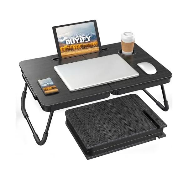 BUYIFY 折りたたみテーブル ベッドテーブル 昇降・組立不要 大容量天板 カップホルダー＆タブレットスロット付き ローテーブル 持ち運び便利