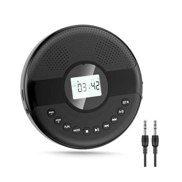 Gueray CDプレーヤー ポータブル Bluetooth5.0送受信対応 充電 ステレオスピーカー内蔵 3.5mmイヤホン対応 ブラック