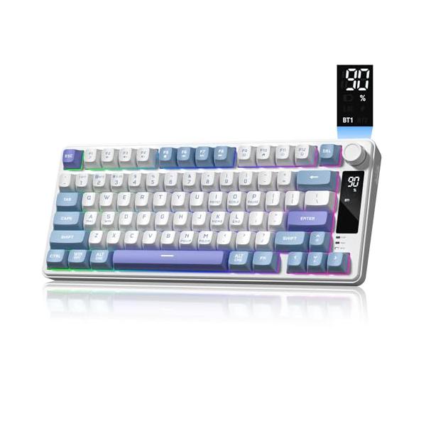 Womier DK75キーボード 75% ワイヤレスゲーミングキーボード、メディアノブ付き、RGBバックライト、OLEDスクリーン、トライモード