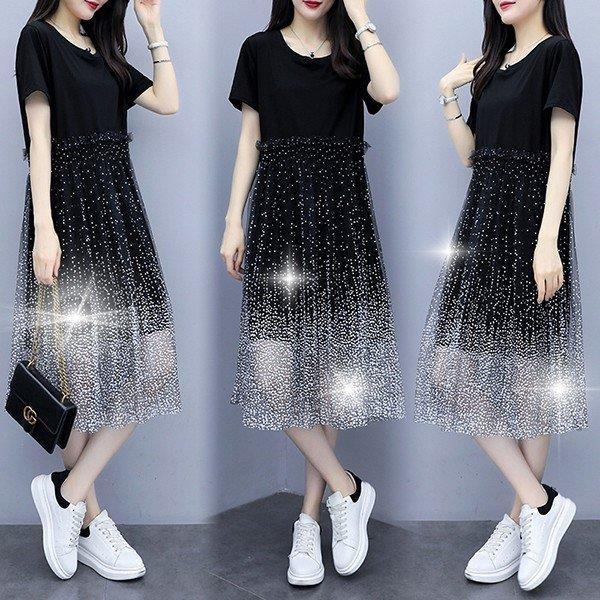 ワンピース レディース 40代 30代 半袖 春夏 きれいめ マキシワンピース チュール Aライン チュニック 大きいサイズ パーティードレス おしゃれ 韓国風 着痩せ Supersport Tn