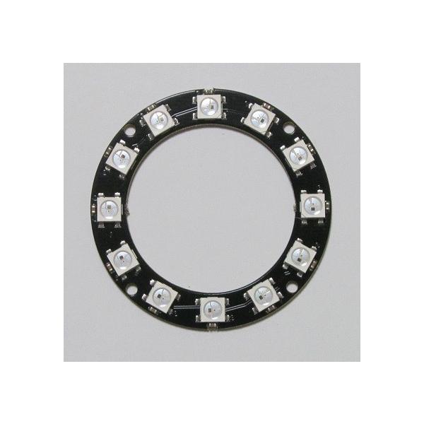 WS2812Bがリング状に12個数珠つなぎに接続されたカラーLEDボードです。リングの外径は50mm、内径は35mmです。WS2812Bはチップ内に制御用のICが内蔵され、１信号入力で発光色を制御できるカラーLEDです。多数のWS2812B...