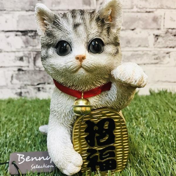 ベニーズキャット 招き猫 左手 招福 サバ白 猫 置物 可愛い リアル アニマルオブジェ インテリア かわいい ガーデン