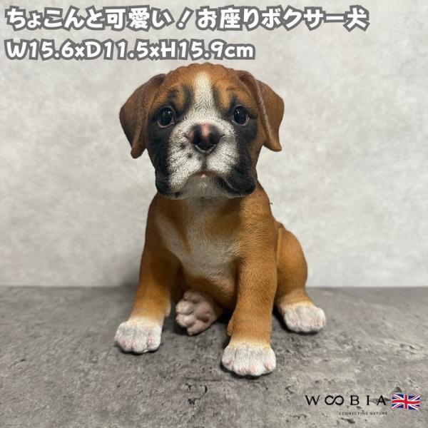 ボクサー犬 置物 黒と白 WOOBIA（ウービア） 犬 置物 小さい かわいい 高さ15.9cm お座り