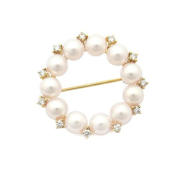 緑屋質屋】ミキモト パール ブローチ 5.7mm 11Pダイヤ K18YG【中古