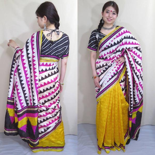 インド シルク サリー 民族衣装 コスチューム ダンス ドレス 日本人の肌色にマッチする黄色と 白 黒 ピンクの大胆 スタイリッシュ デザイン Sar433 Buyee Buyee Japanese Proxy Service Buy From Japan Bot Online