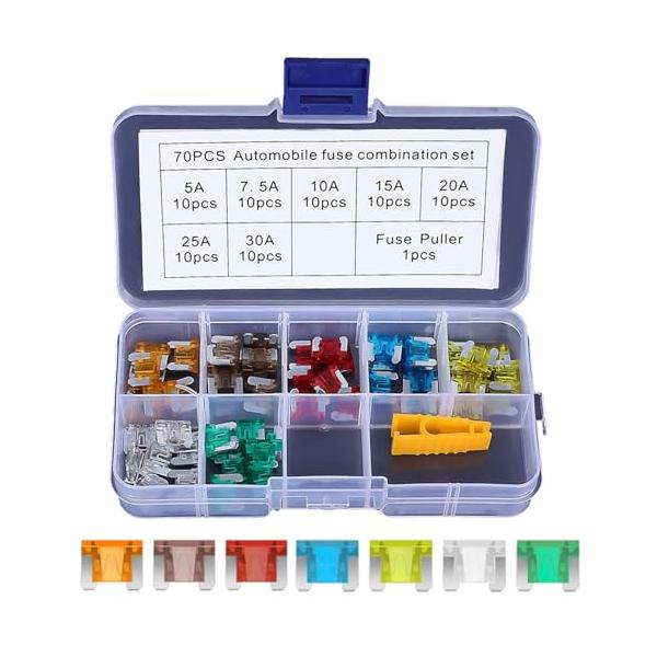 他サイト： 低背ヒューズ 70個入り 5A 7.5A 10A 15A 20A 25A 30A 車ブレードヒューズ 車/トラック/オートバイ用 電装必需品 ヒの商品画像