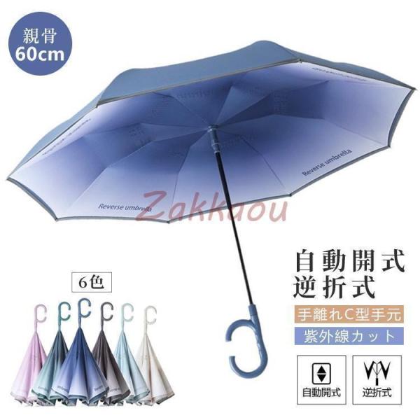 傘 逆さ傘 雨傘 長傘 ワンタッチ 自動開き 2重構造 耐風 撥水加工 UVカット 紫外線カット 逆転傘 逆折り式傘 自立傘 長傘 手離れC型手元