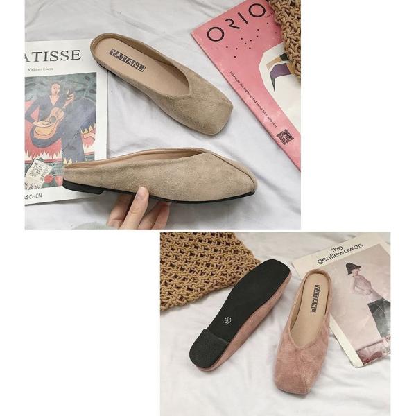 パンプス かかとなし スクエアトゥ ぺたんこ スウェード調 サボサンダル クロッグ レディース 靴 シューズ