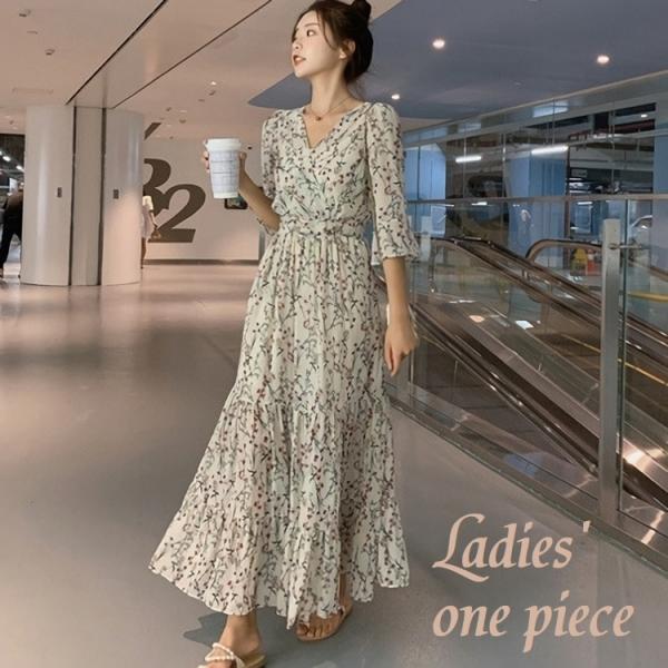 ワンピース フレア マキシ丈 ロング丈 レディース 5分袖 Vネック 女性