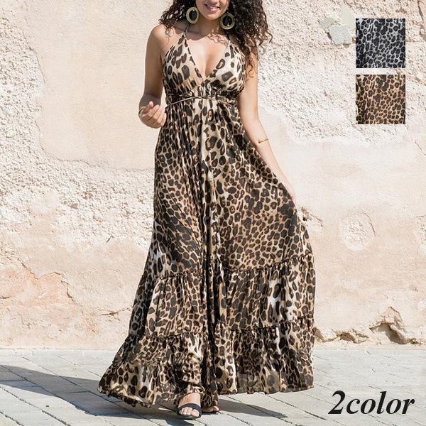 ワンピース ドレス ホルターネック ロング マキシ丈 レディース マキシワンピ ロングワンピース ノースリーブ キャミソール 袖なし フレア ヒョウ柄 Top おとりよせ Com 通販 Yahoo ショッピング