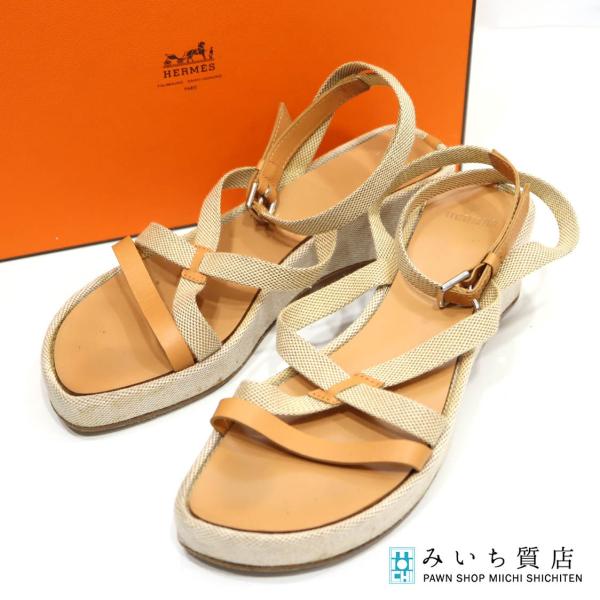 質屋 HERMES エルメス クロスストラップサンダル 靴 サイズ34 ベージュ