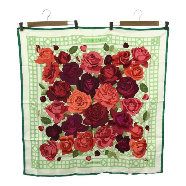 美品　エルメス　シルクスカーフ　カレ９０　バラ園　アイボリー　緑　ピンク　赤 質屋 美品 HERMES エルメス スカーフ カレ90 ROSERAIE バラ園 シルク