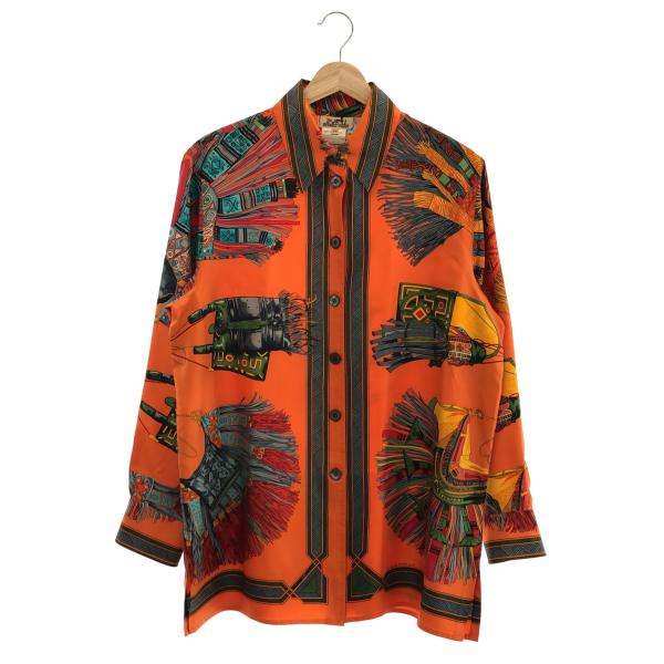 HERMES オレンジ モザイク柄 長袖シャツ シルク お値下げ可 質屋 エルメス HERMES 服 オレンジ シャツ 40 サイズ シルク
