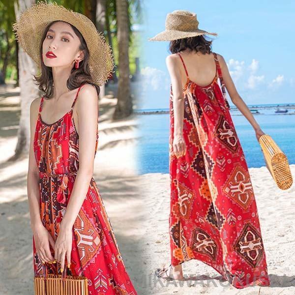 ハワイ リゾートワンピース マキシ丈 選べる丈 背中開け ノースリーブ