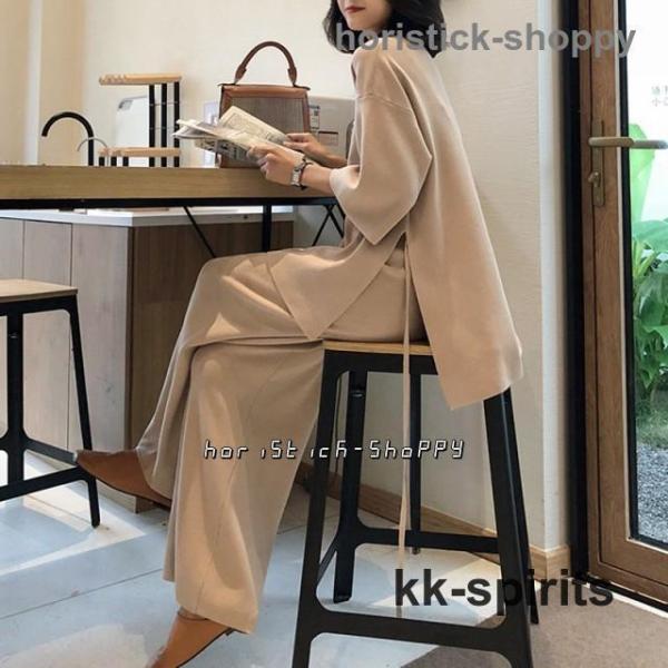 ● 商品名 ● ニット セットアップ レディース 上下セット 春 秋 冬 レディース 長袖 大きいサイズ パンツ ワイドパンツ セットアップ 黒 七分袖 サイドスリット ニット vネック 3L 4L 5L 20代 30代 40代 ゆったり ...