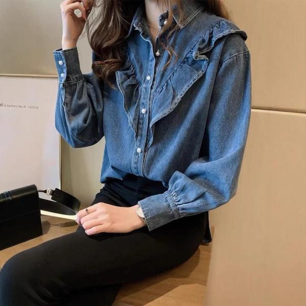 デニムシャツ レディース トップス 長袖 フリルブラウス 春秋 シャツ