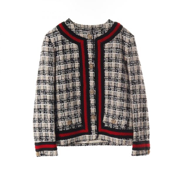 GUCCI - グッチ GUCCI スクエアGチェック ノーカラージャケット 衣料品 アウター ウール コットン レディース アイボリー系 / ネイビー系 / レッド系 652255 【中古】 GUCCI（グッチ） スクエアGチェック ブランドオフ ウール ノーカラー