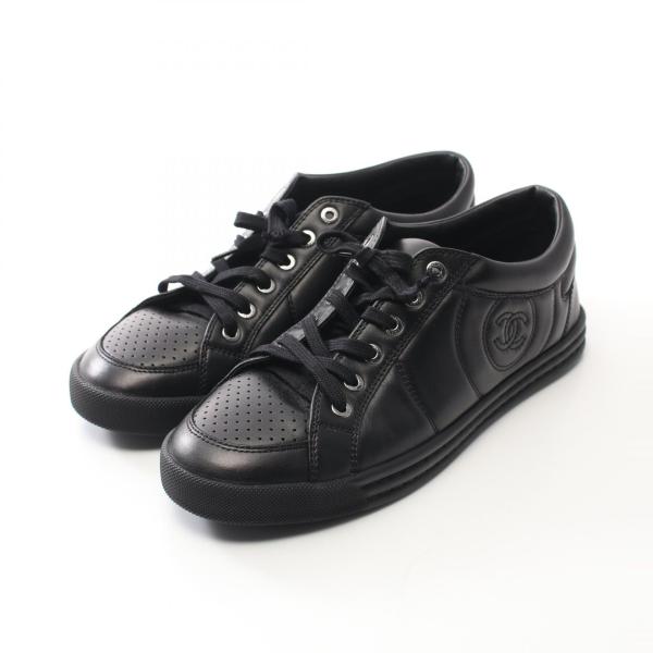 【美品】シャネル ファブリック スニーカー ココマーク レザー メンズ 黒 CHANEL シャネル ココマーク ブランドオフ レザー スニーカー