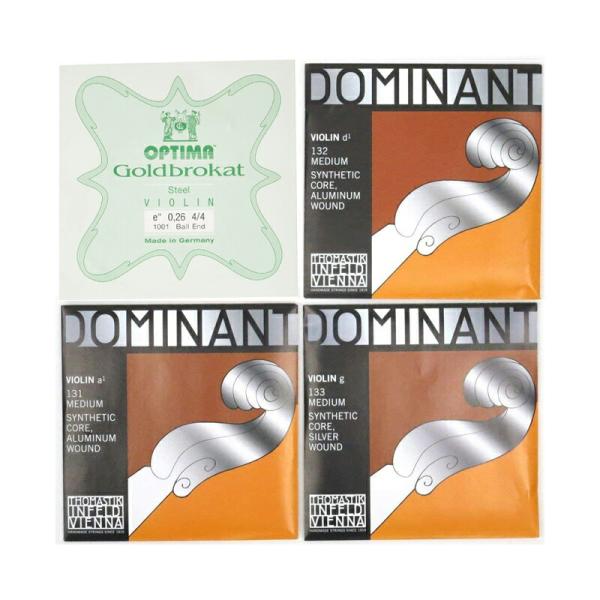 バイオリン弦の定番ドミナントのA,D,G線に人気のE線ゴールドブラカットの組み合わせです