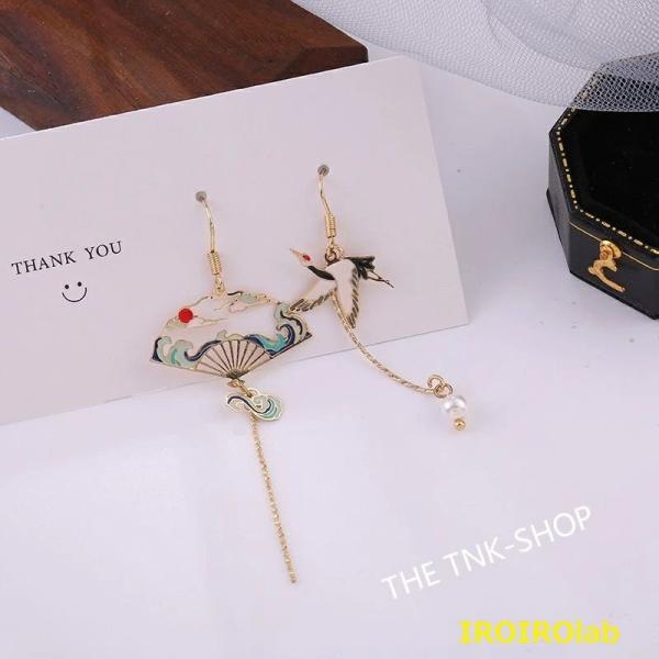 ピアス フェイクピアス レディース アクセサリー ピアス 和柄 鶴 つる 浮世絵 扇子 扇 オリエンタル フックピアス ゴールド 日本風 縁起物 お