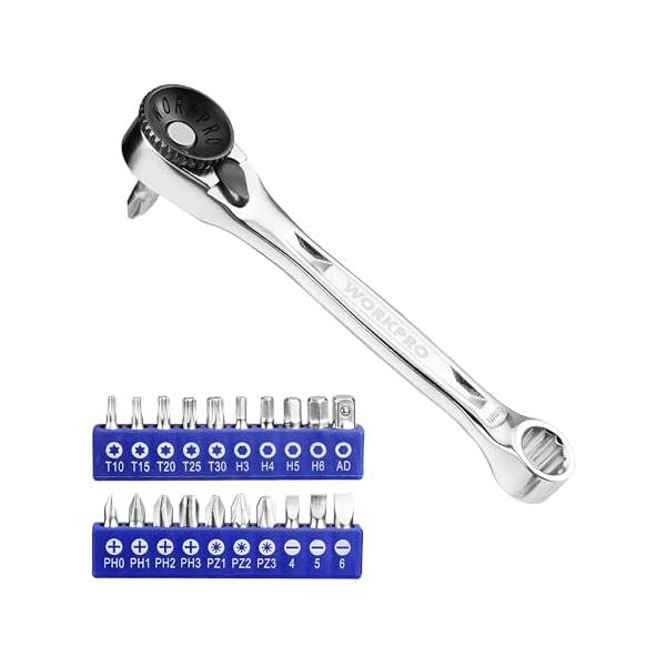 WORKPRO ビットラチェットセット ラチェットドライバー ラチェットレンチ ミニドライバー ダブルヘッド トルクス 六角 プラス マイナス