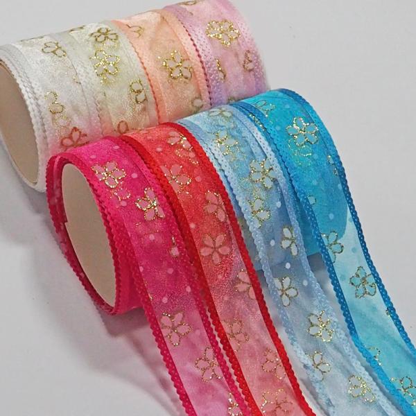 お花　ドット　プリント　金箔　オーガンジーリボンリボン幅：約2.5ｃｍ（25ｍｍ）☆ 数量1で1ｍ ☆ ご希望のカラーをお選びください*:..。☆*゜¨゜゜・*:..。☆*゜¨゜゜・*:..。☆*゜¨゜・*:..。☆*゜当ショップの商品は、...