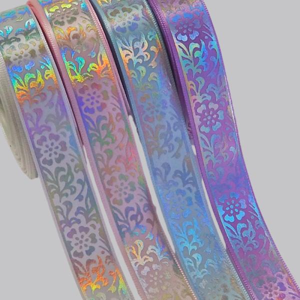 【25ｍｍ幅 1ｍ】全4色　花 模様　サテンリボン 　オーロラ シルバー　箔押し　