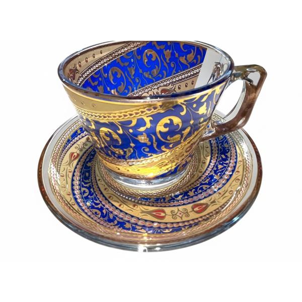 トルコ製24金メッキ縁取り　手作り カットグラスとソーサー6客 ビンテージ 送料無料】トルコグラス カップ&ソーサー 耐熱ガラス ブルーゴールド