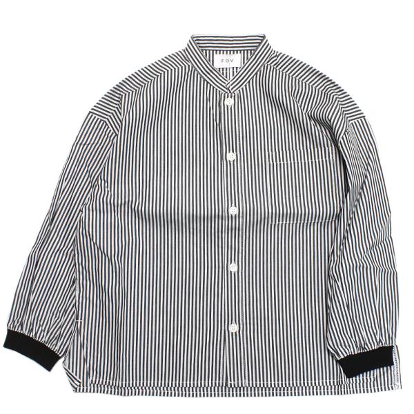 FOV フォブ“フォブ”のストライプマオカラーシャツ・細かいストライプ地で作ったシャツ・フロントボタン開きで羽織としても便利・袖口は腕まくりもしやすいリブ仕様・首元はお馴染みのマオカラーですっきりとした印象model:112cm / 20k...