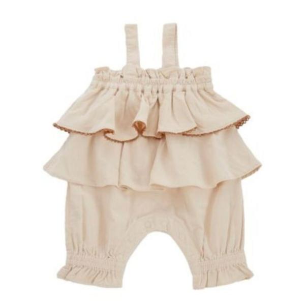 Ocean＆Ground オーシャン＆グラウンド“オーシャン＆グラウンド”のシャツコールフリルオールインワン・秋冬らしいコットン100％のシャツコール素材・ボリュームのある2段フリルがガーリーなオールインワン・股下はスナップ開きでおむつ替え...