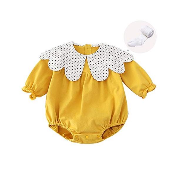 Baby Nest ロンパース 女の子 ベビー服 長袖 赤ちゃん服 おしゃれ 新生児服 春服 靴下付き かわいい コットン イエロー 90 Donabeija Pt