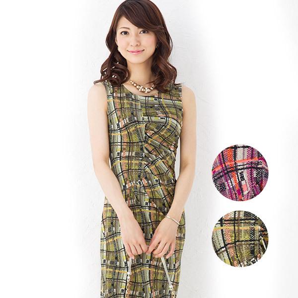 ワンピース 不二子ワンピ チェック柄 ジャージー 30代 40代 大人 上品 ひざ丈 業界no 1 着やせ トールサイズ チュニック 膝丈 ノースリーブ 春夏 タイト